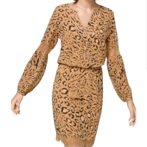 NWT WHITE HOUSE BLACK MARKET Lace-Trim Dress With Abstract-Animal Print Sz M - Picture 1 of 8
